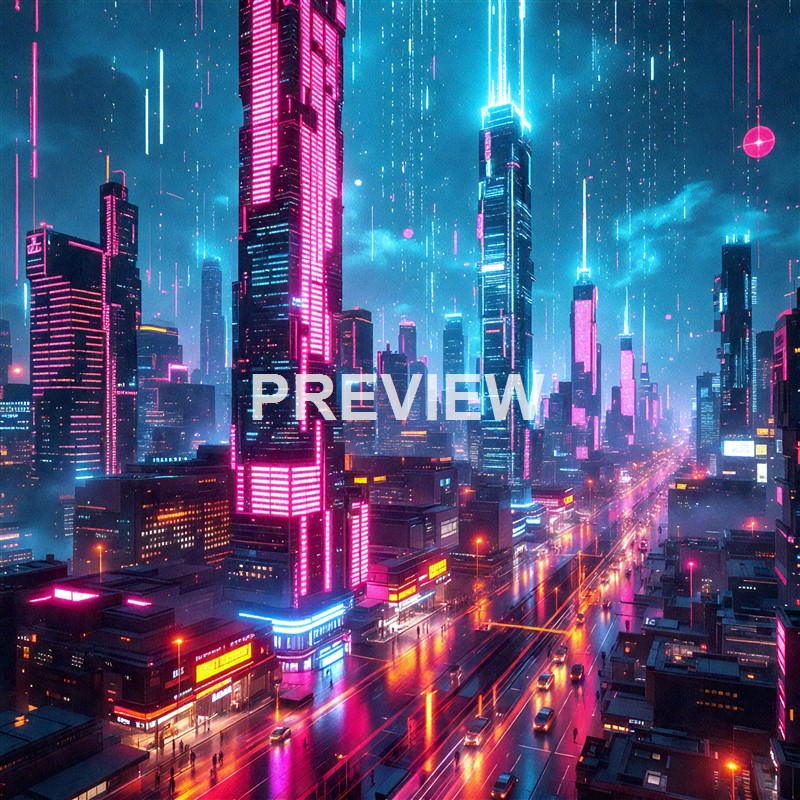 A futuristic cityscape at night illuminated by vibrant pink and blue neon lights, with tall skyscrapers, rain-soaked streets, and flying digital rain effects in the sky.